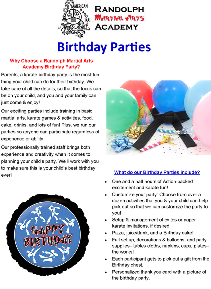 Randolph Martial Arts Academy Birthday Parties page 1